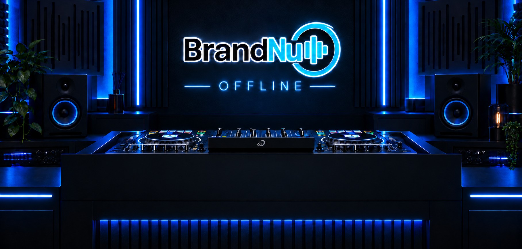 Illustrative blue-lit DJ studio